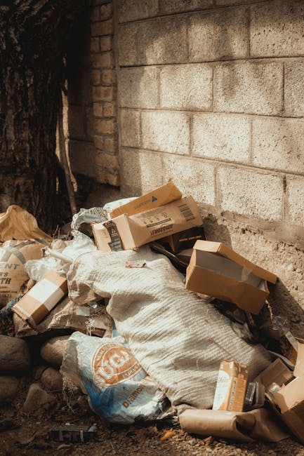 A pile of discarded cardboard boxes, some partially flattened and others partially open, resting on a rough, uneven ground beside a light-colored brick wall and a tree trunk. The boxes vary in size and are made of brown corrugated cardboard with printed labels and barcodes. Some boxes appear to be damaged or crumpled, with visible tears and creases. Behind the pile, the brick wall has a slightly weathered appearance with mortar joints, and a small section of darker material is visible closer to the tree trunk. The scene is outdoors in a confined corner, illuminated by natural daylight, reflecting a typical scene of private waste- or rubbish removal, possibly arranged for collection by a waste management service like Rubbish Removal Tooting. The arrangement suggests an on-site clearance or informal disposal associated with private rubbish handling, emphasizing the importance of professional disposal to avoid illegal dumping or clutter accumulation.